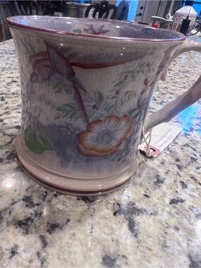 Antique Mulberry Transferware Ironstone Mug Bird Floral Chintz Crazing 19thC